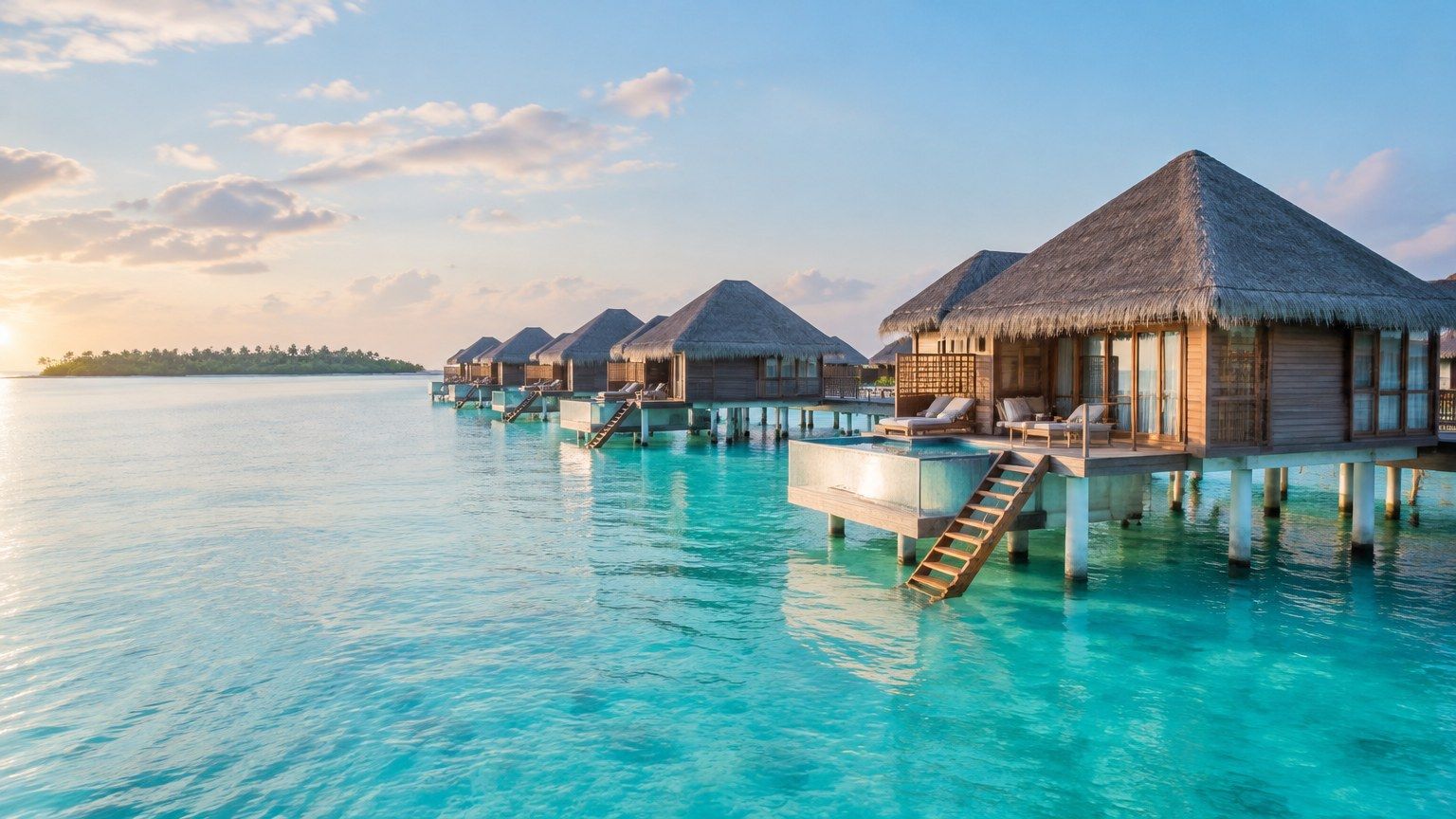 Holzbungalows über der türkisfarbenen Lagune der Malediven